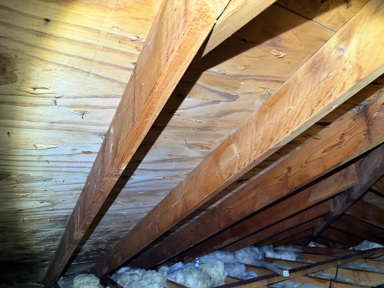 Stained attic roof sheathing